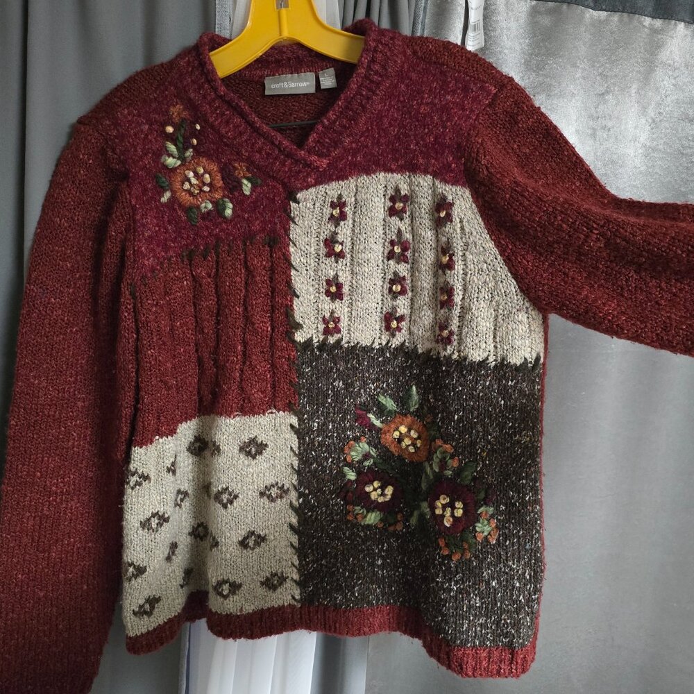 Vintage Croft & Barrow Maroon Knit Sweater Chunky Fall Floral Large Cozy Acrylic - Picture 5 of 10